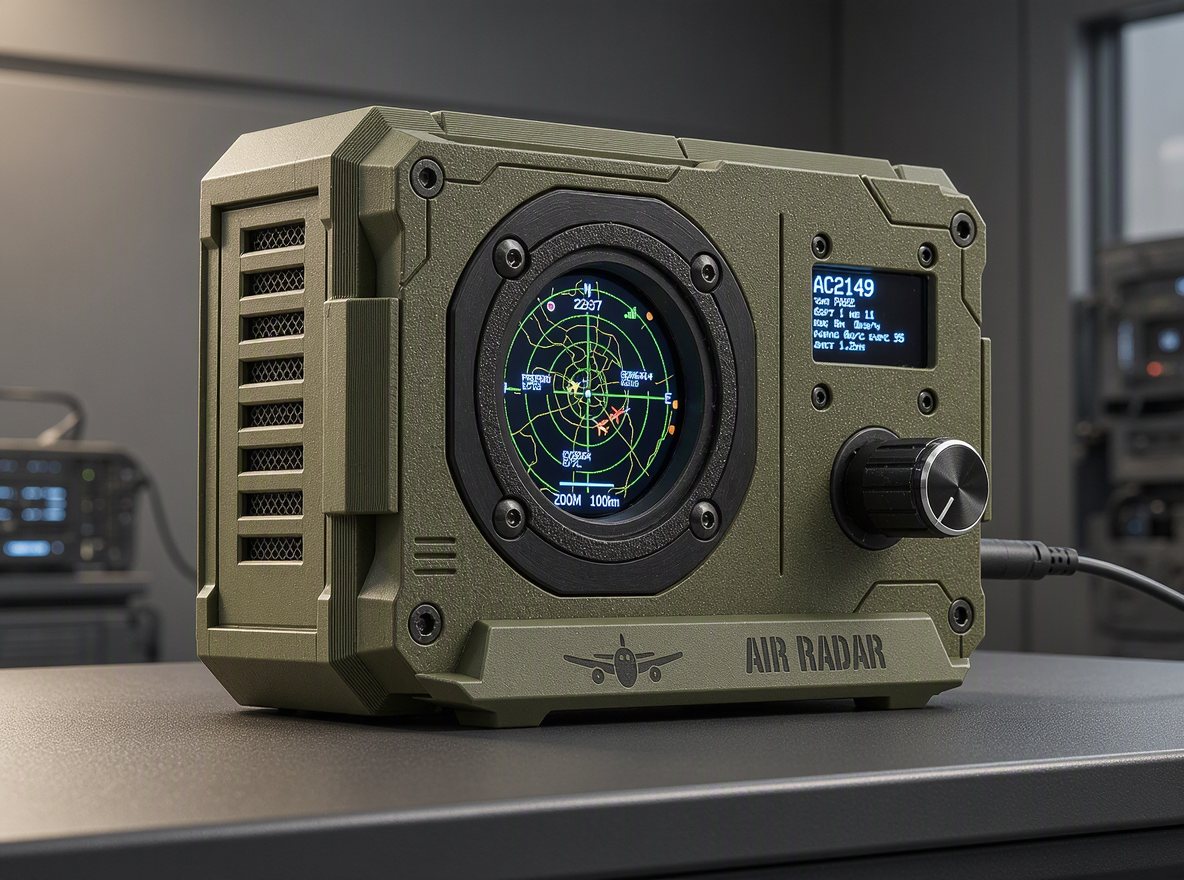 Прибор Air Radar в студии: круглый экран с картой неба, OLED-экран и ручка управления